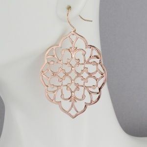 rose gold earrings dangle cut out filigree scroll